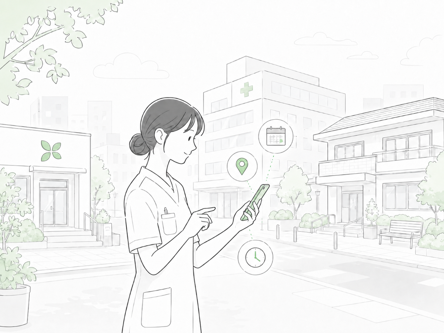 青梅市で「報酬あり」の1日お試し勤務・見学から職場を確かめる看護師のイラスト