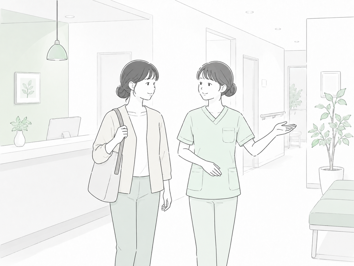 青梅市のクリニックで看護師スタッフから見学案内を受ける看護師のイラスト