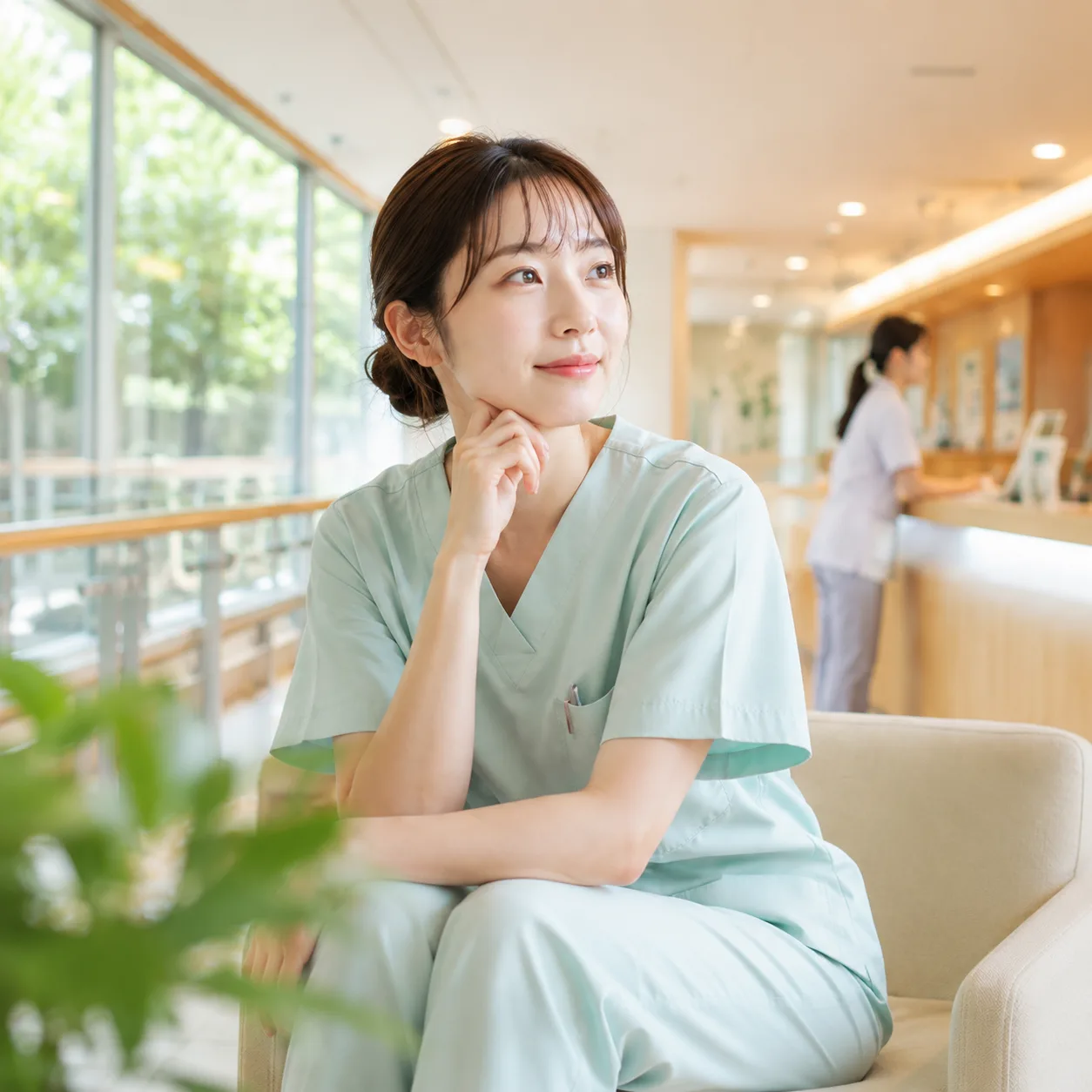 院内で職場について考える看護師